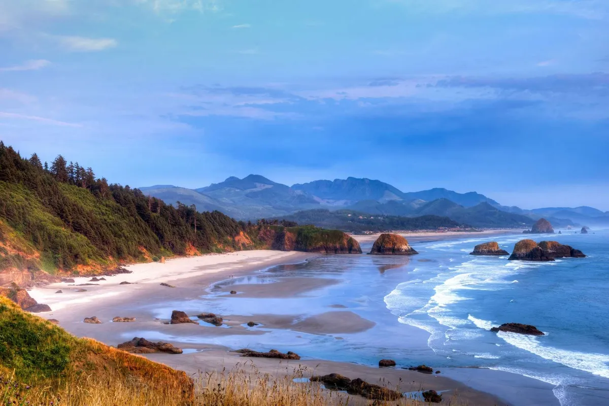 A sweeping coastal view featuring ocean waves rolling onto a sandy beach, dramatic rock formations, distant mountains, and a lush forest backdrop. The scene captures the essence of a serene, natural shoreline, perfect for beachcombing, relaxing, and nature exploration.