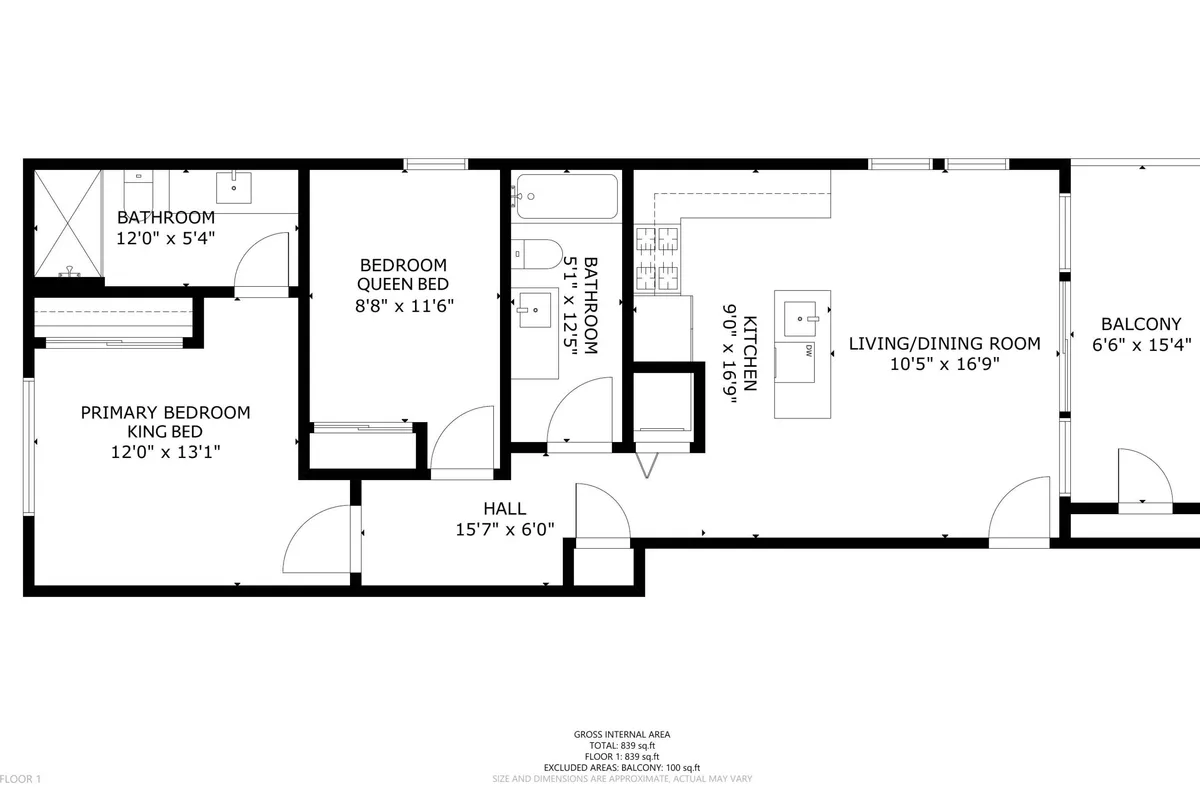A broad perspective capturing the flow from the primary bedroom through the combined living and dining area to the kitchen and onto the balcony. This panoramic view ties together multiple communal spaces, illustrating how the layout fosters connection and easy movement throughout the heart of the home.